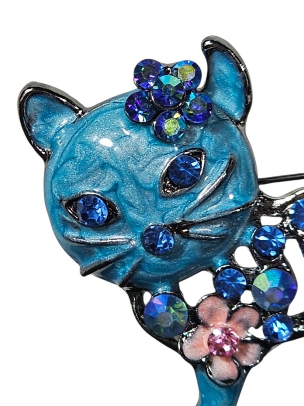 Betsy Johnson BROOCH Pendant PIN 1.9" ANIMAL RHINESTONE ENAMEL BLUE CAT FLOWER - Picture 2 of 8